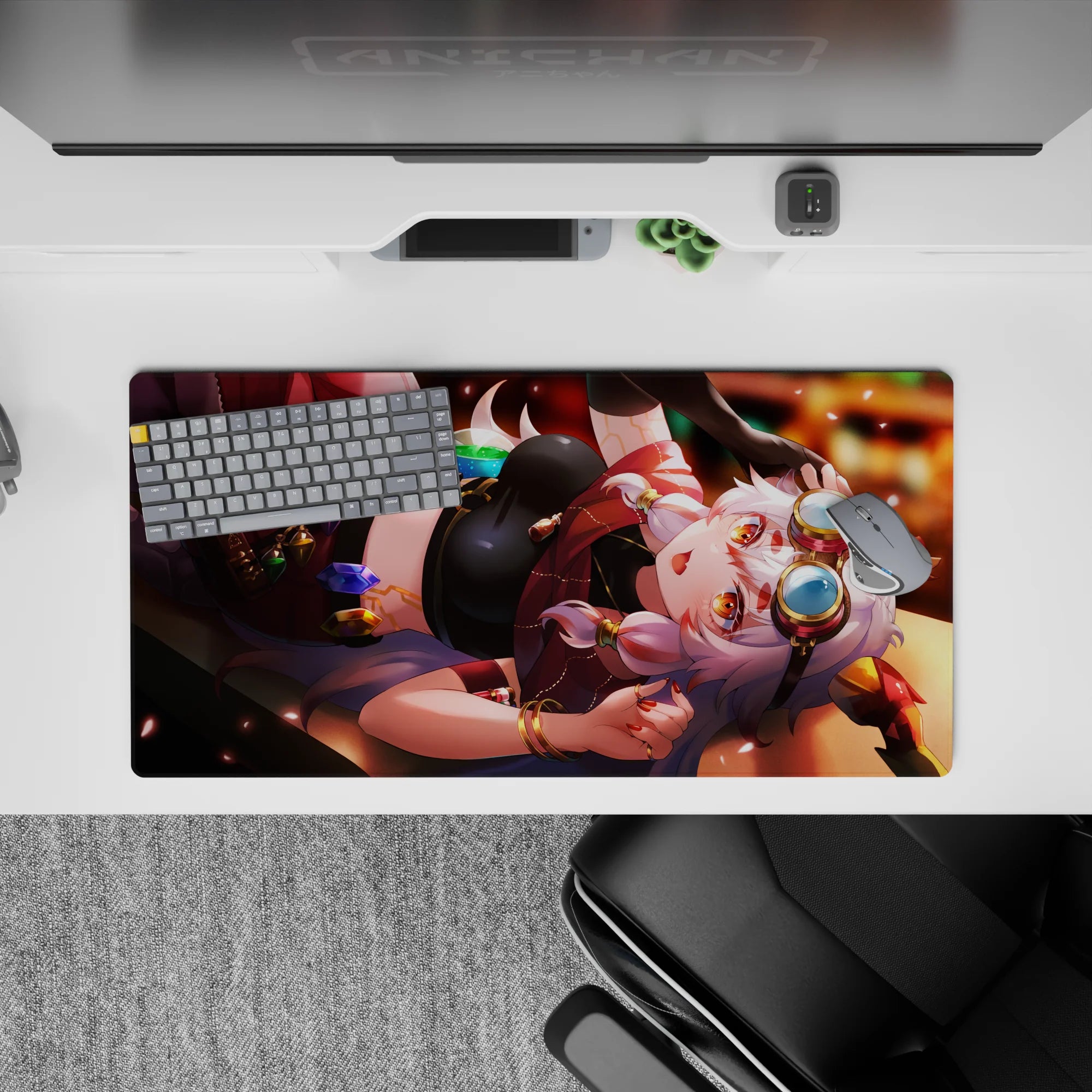 32x16 inches anime girl mouse pad in ruby red and caramel glow, cozy mischievous vibe with warm amber eyes.