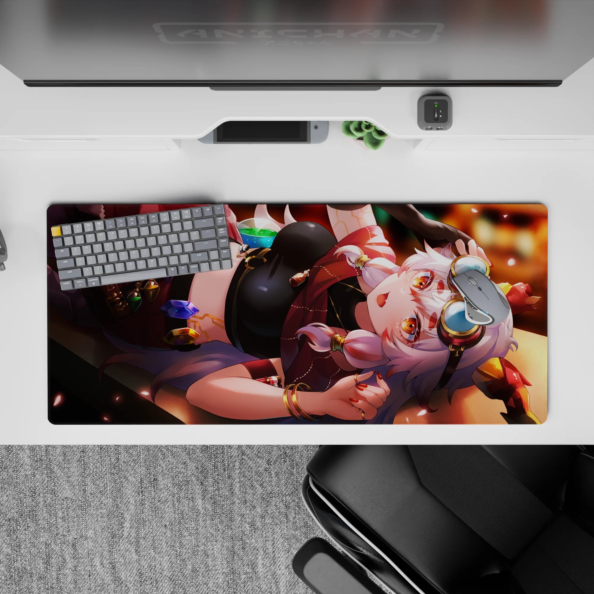 36x16 inches anime desk pad in ruby red and caramel glow, cozy mischievous vibe with jewel-tone accents.