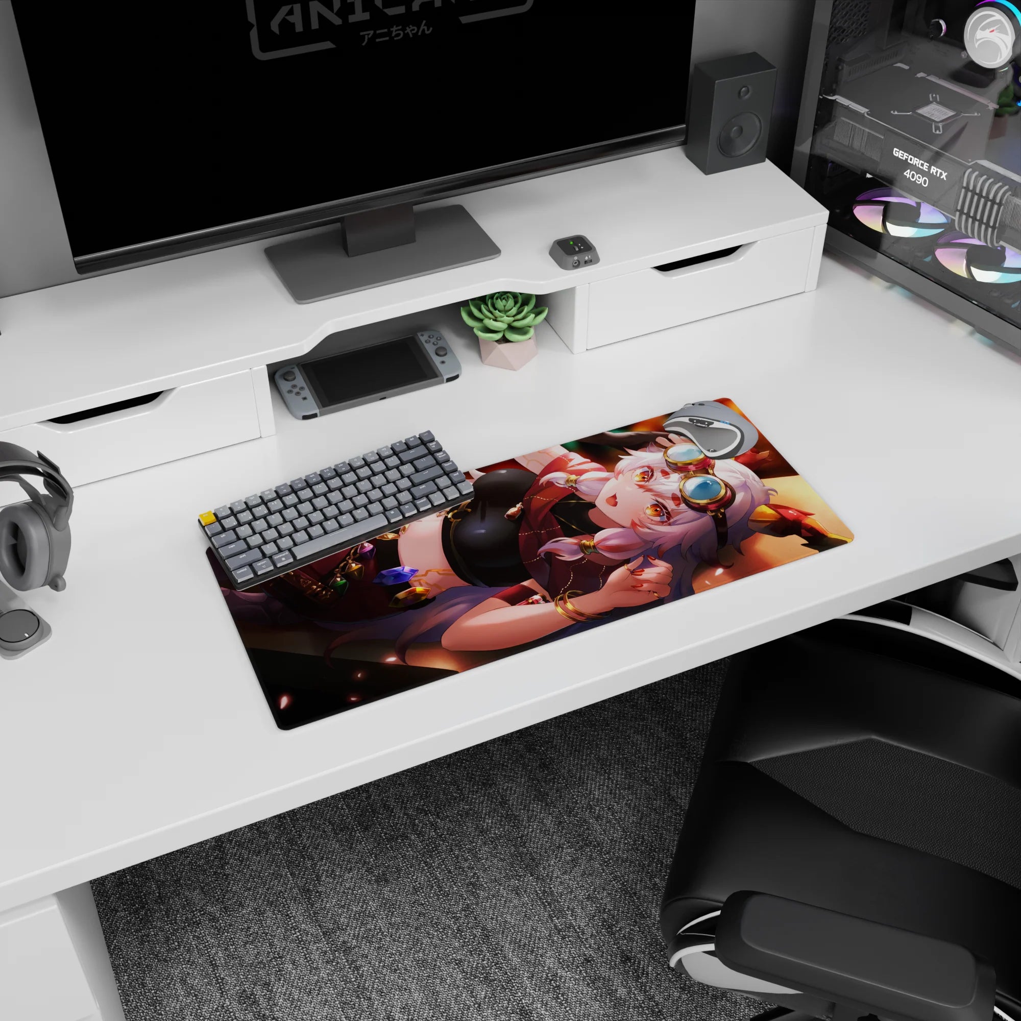 Silver-haired anime girl lounging with big goggles and warm amber eyes on a 28x12 inches mouse pad.