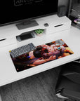 Silver-haired anime girl lounging with big goggles and warm amber eyes on a 28x12 inches mouse pad.