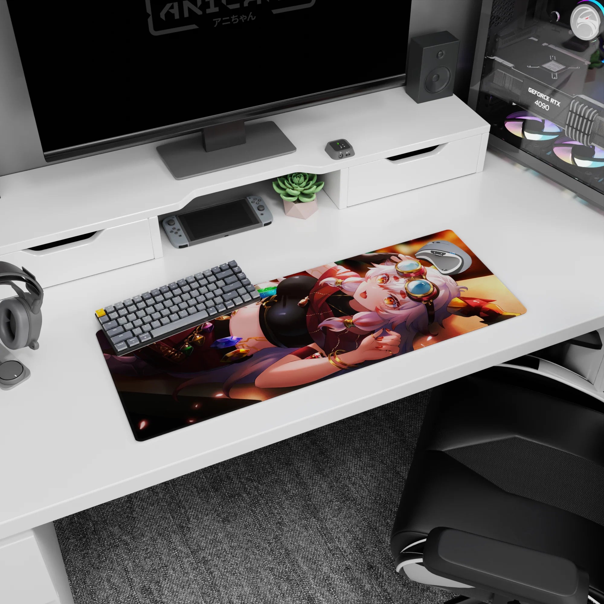 32x12 inches anime girl mouse pad showing silver-haired cutie lounging in goggles, warm amber eyes, wink.