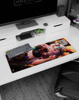 32x12 inches anime girl mouse pad showing silver-haired cutie lounging in goggles, warm amber eyes, wink.