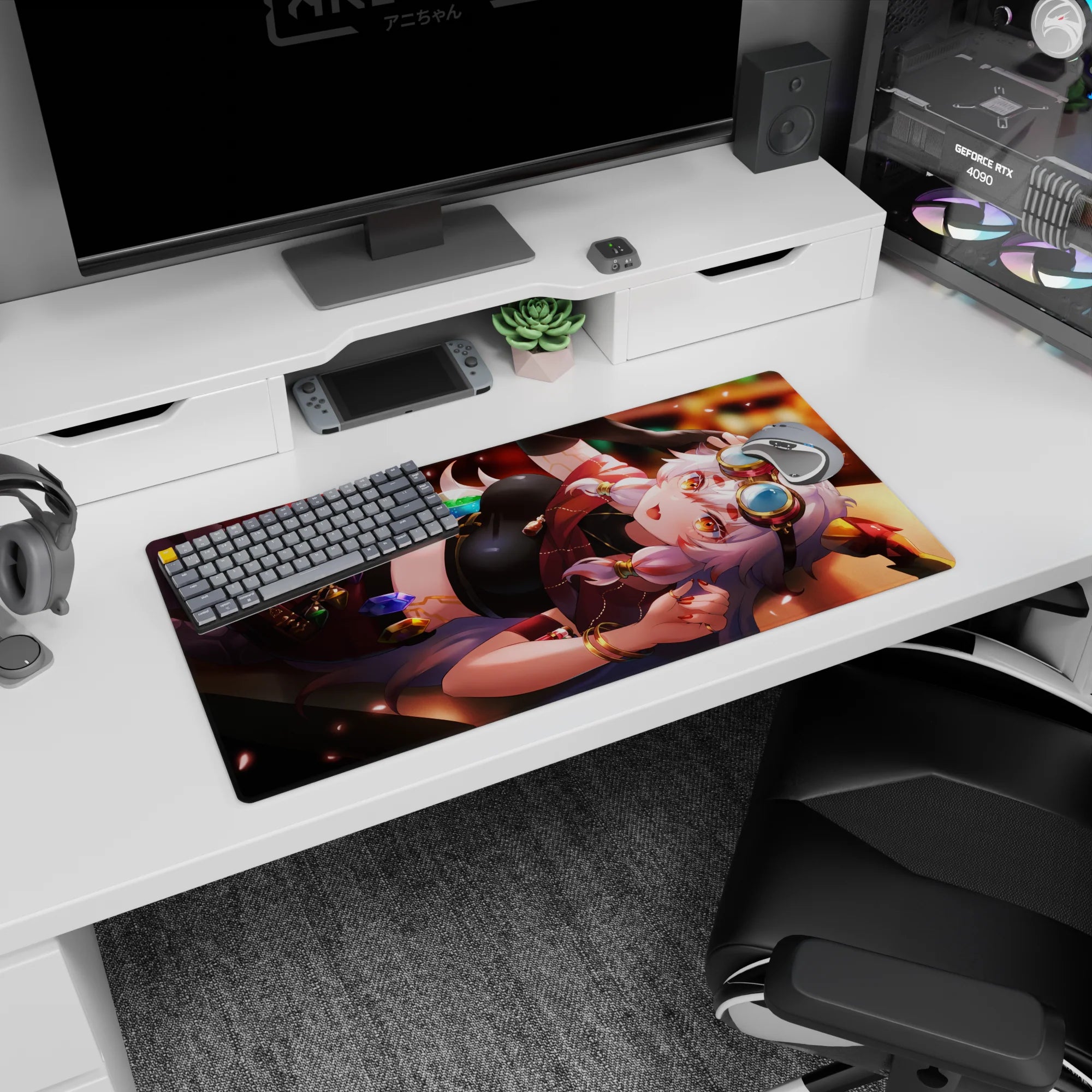 32x16 inches anime girl mouse pad showing a silver-haired cutie lounging, big goggles, amber eyes, sly wink.
