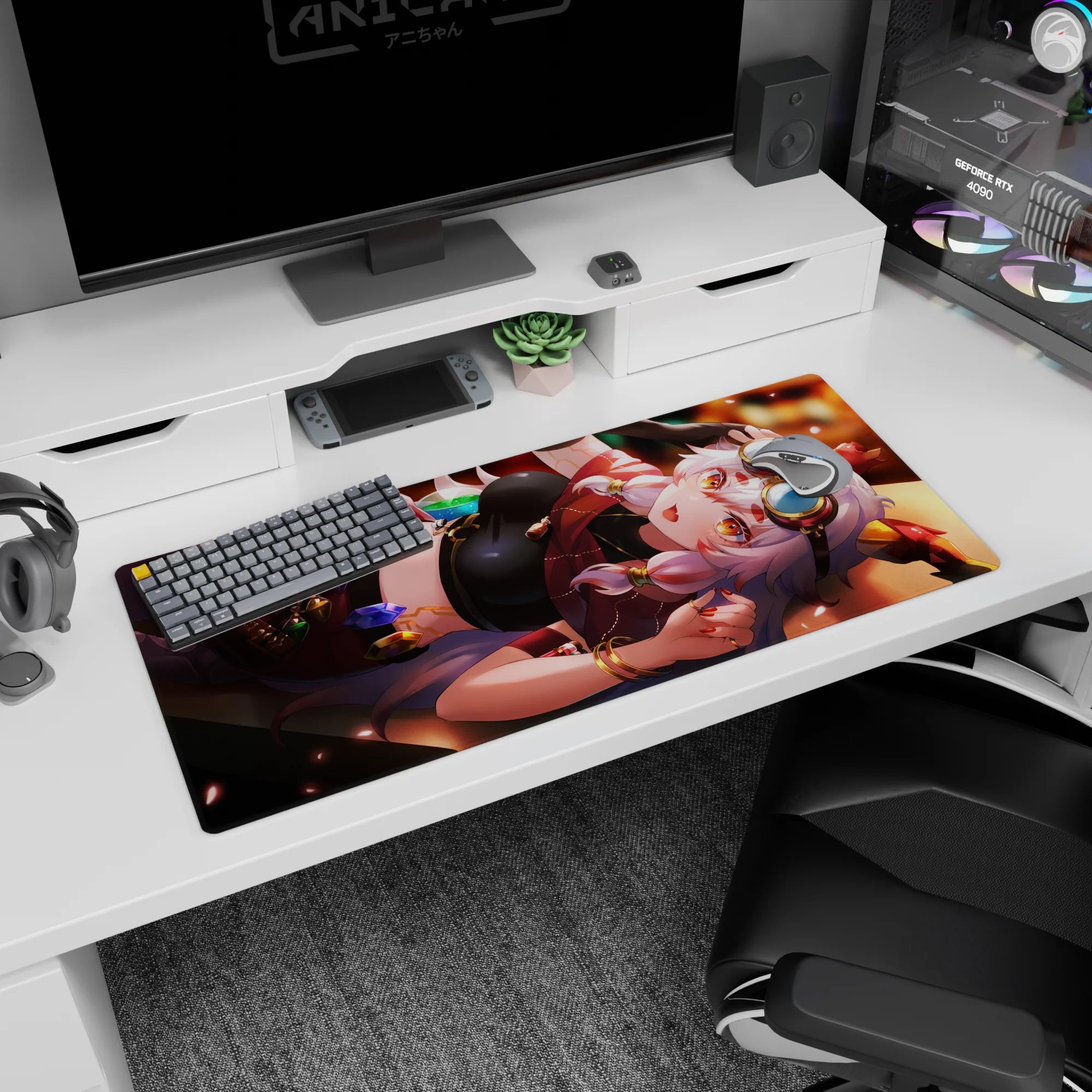 36x16 inches desk pad showing a silver-haired anime girl lounging in goggles, amber eyes, sly wink.
