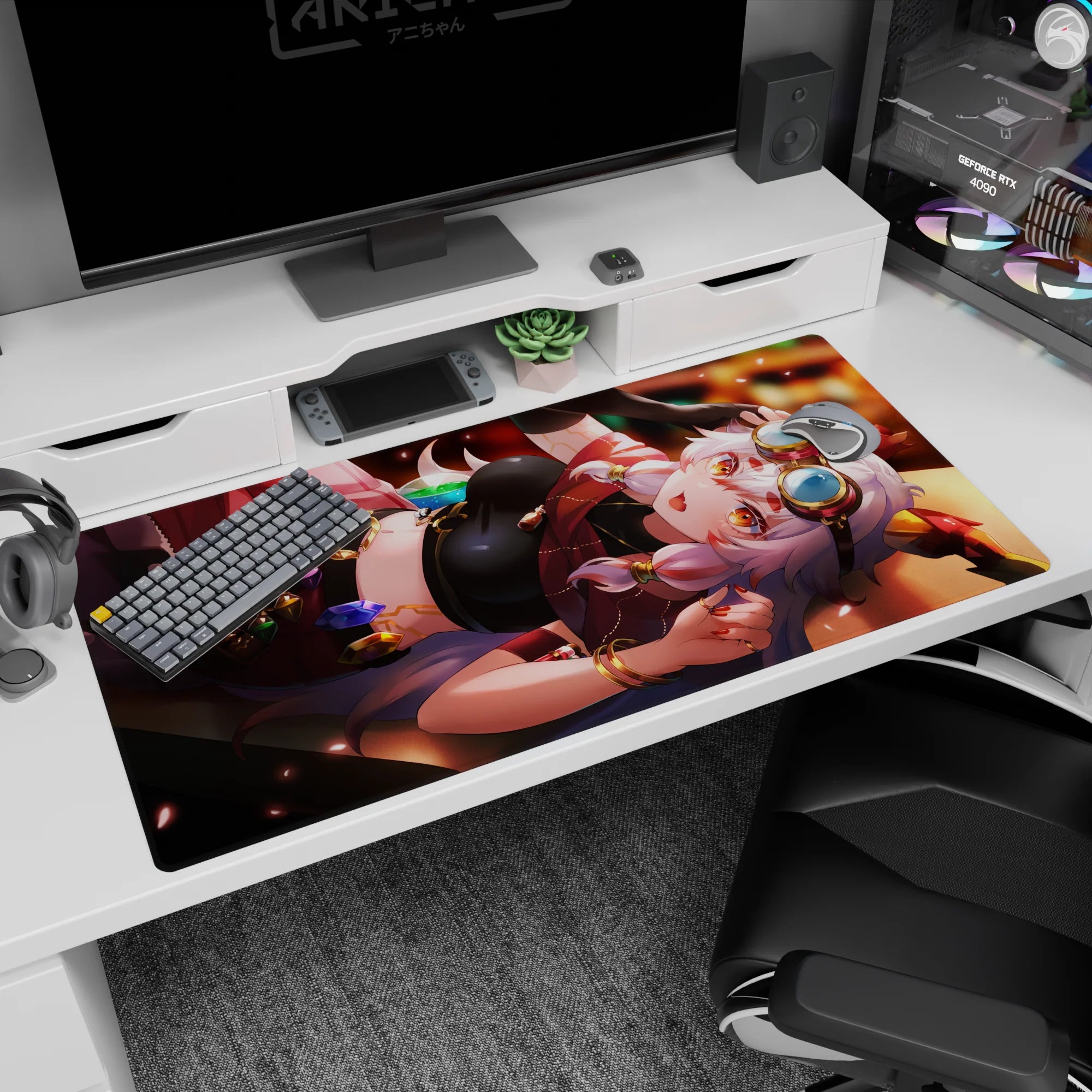 Silver-haired anime girl lounging with big goggles and warm amber eyes on a 40x20 inches desk pad.