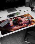 Silver-haired anime girl lounging with big goggles and warm amber eyes on a 40x20 inches desk pad.