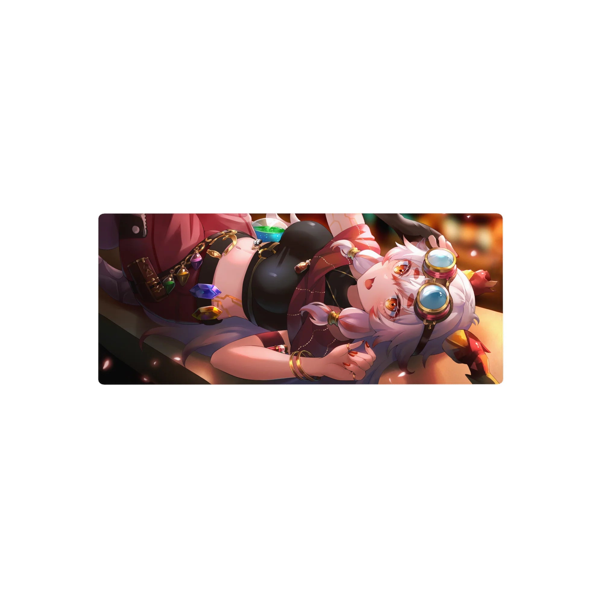 Anime girl mouse pad 28x12 inches with silver-haired goggle girl, gems on belt, sleek black finish.