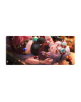 Anime girl mouse pad 28x12 inches with silver-haired goggle girl, gems on belt, sleek black finish.