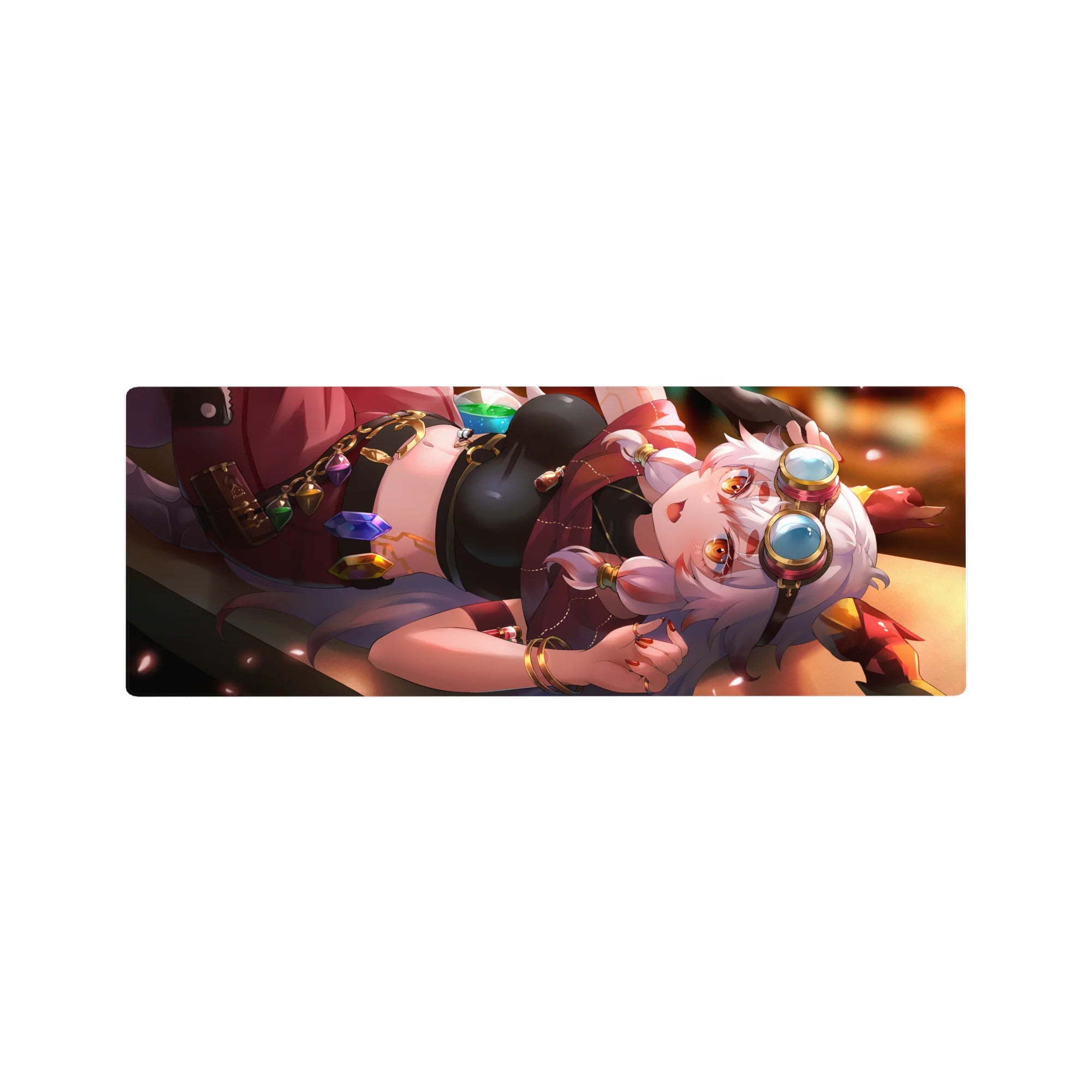 32x12 inches anime girl mouse pad with silver-haired goggle girl, amber eyes, charms belt, sleek black.