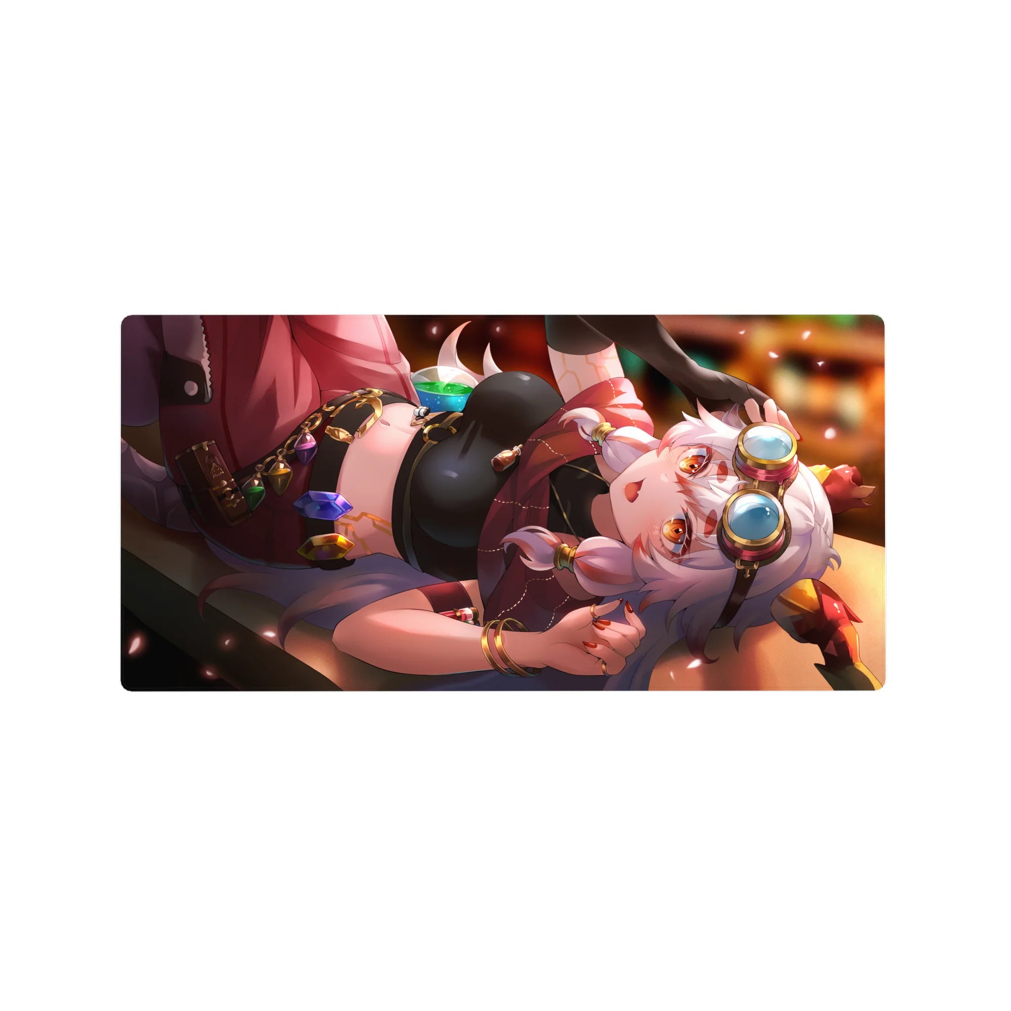 32x16 inches anime girl mouse pad with silver-haired goggle girl, jewel charms, sleek glossy black accents.