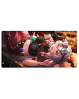 32x16 inches anime girl mouse pad with silver-haired goggle girl, jewel charms, sleek glossy black accents.
