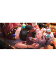 36x16 inches anime girl desk pad with silver-haired goggle girl, charms belt, sleek black gaming surface.