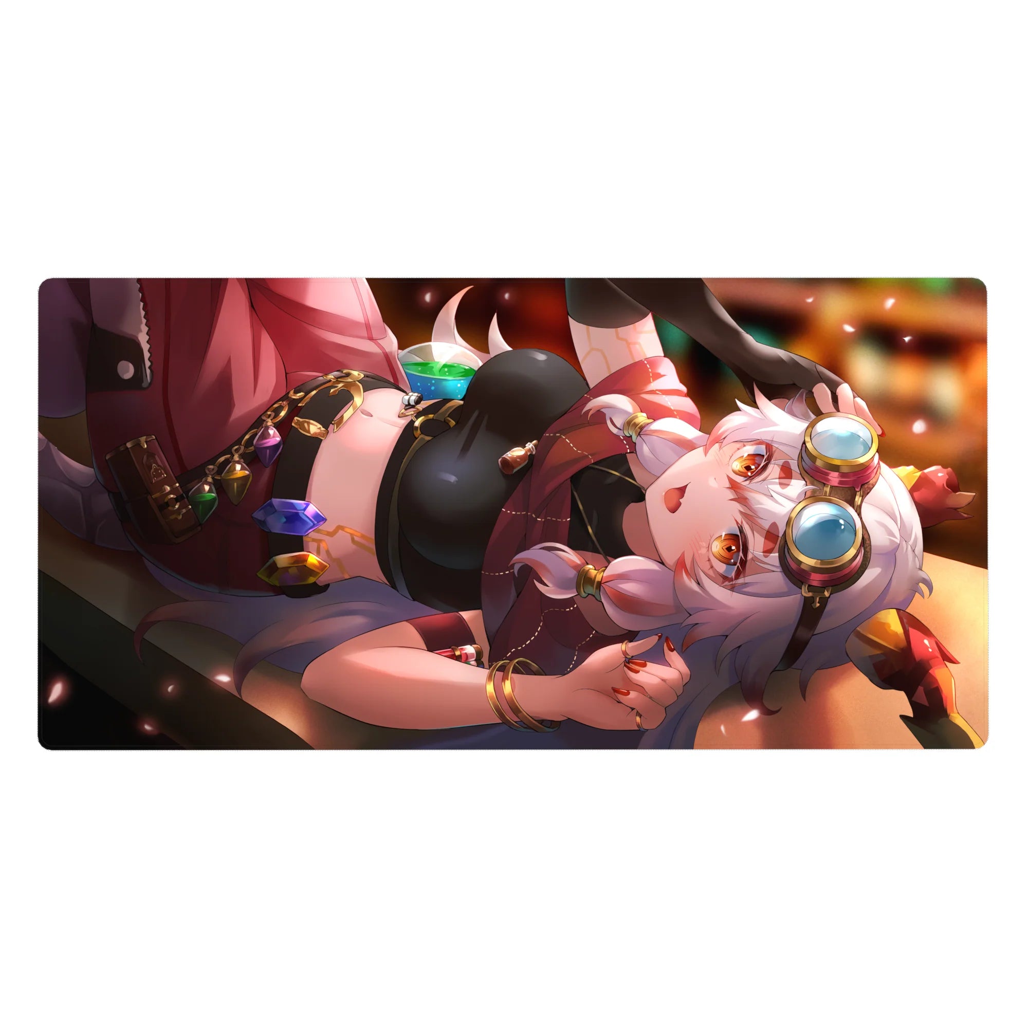 Anime girl desk pad 40x20 inches with silver-haired goggle girl, amber eyes, sleek black accents.