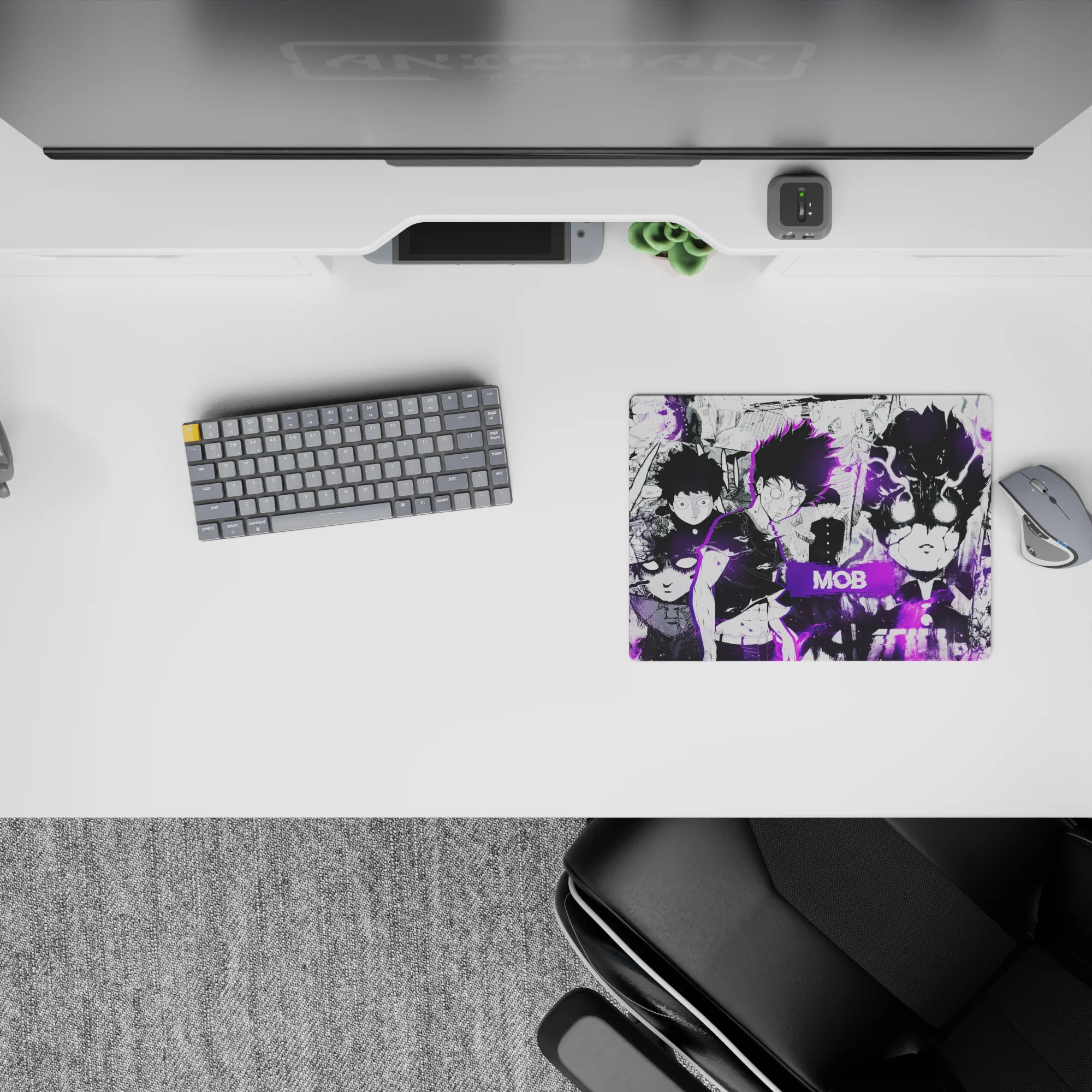 Moody purple aura on black-and-white panels, neon violet glow classic anime mouse pad 14x10 inches.