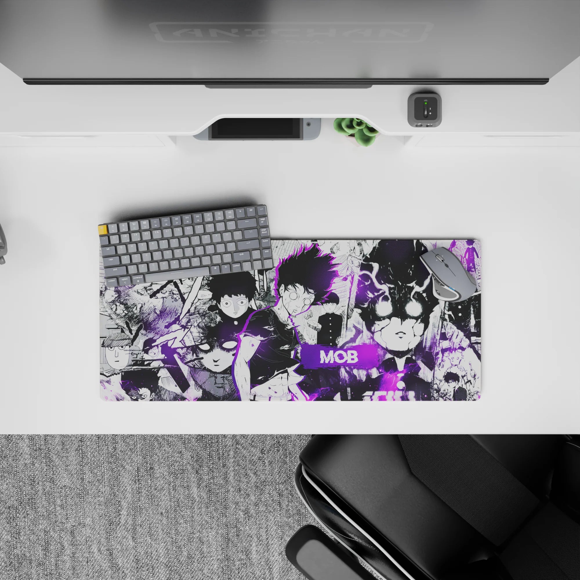 Moody black-and-white anime mouse pad 28x12 inches with sharp neon purple aura glow for late-night grind.