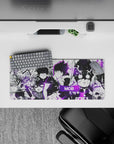 Moody black-and-white anime mouse pad 28x12 inches with sharp neon purple aura glow for late-night grind.