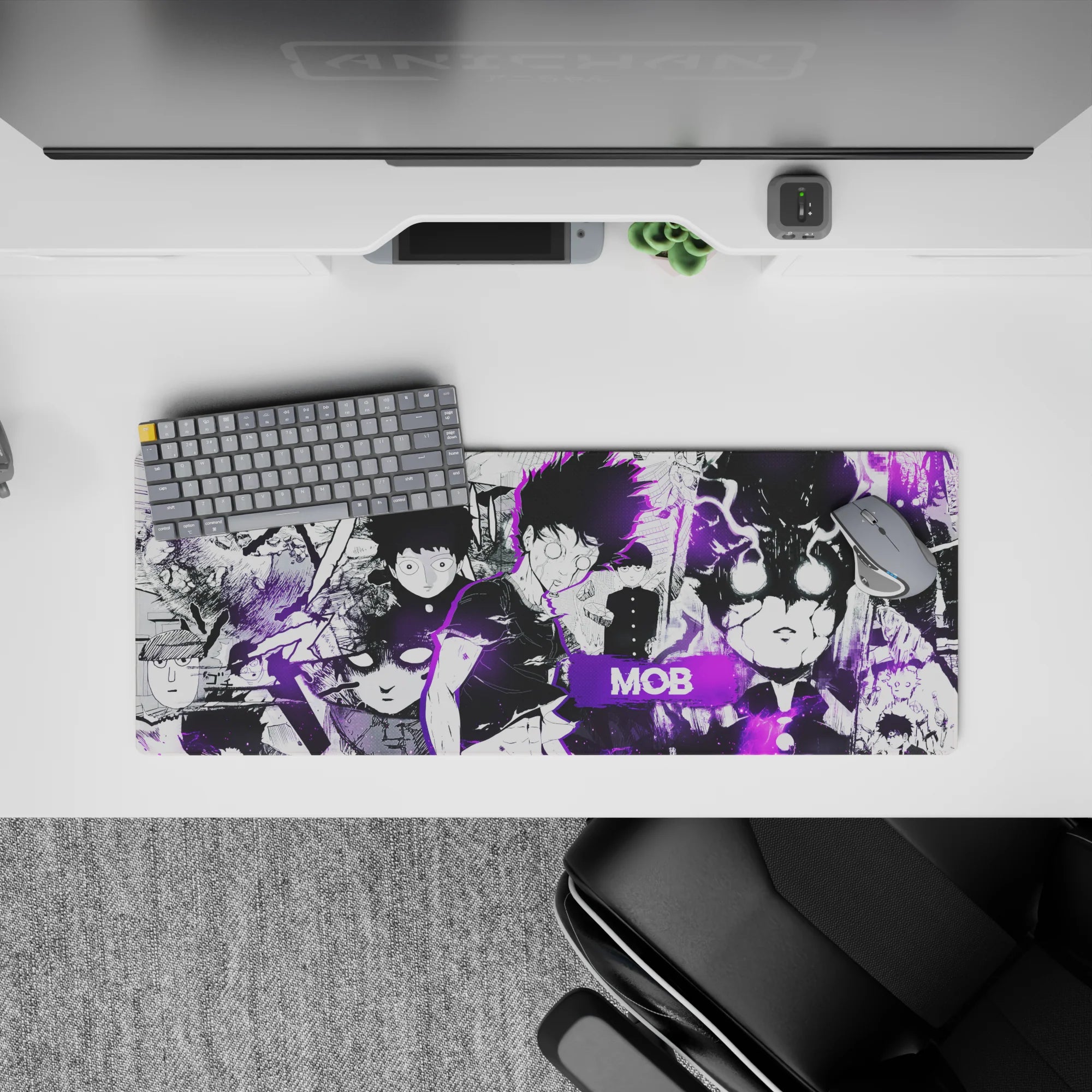 32x12 inches anime mouse pad in stark black and white with neon violet aura, fast moody late-night vibe.