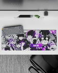 32x12 inches anime mouse pad in stark black and white with neon violet aura, fast moody late-night vibe.