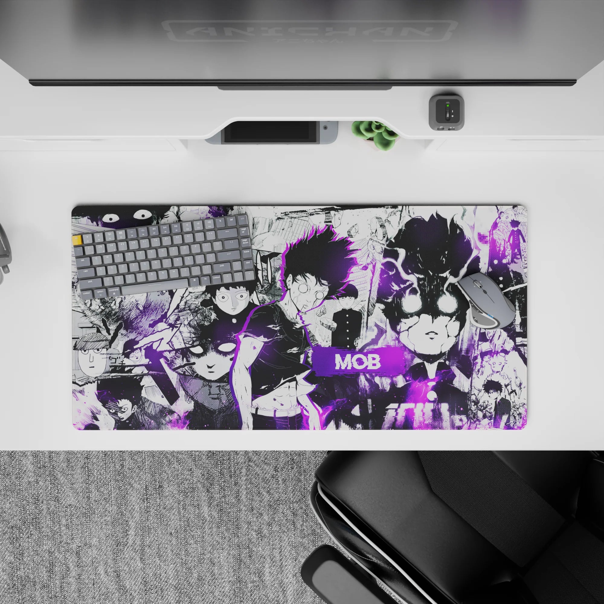 32x16 inches anime mouse pad in black and white with sharp neon purple aura, fast moody late-night vibe.