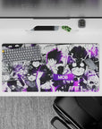 32x16 inches anime mouse pad in black and white with sharp neon purple aura, fast moody late-night vibe.