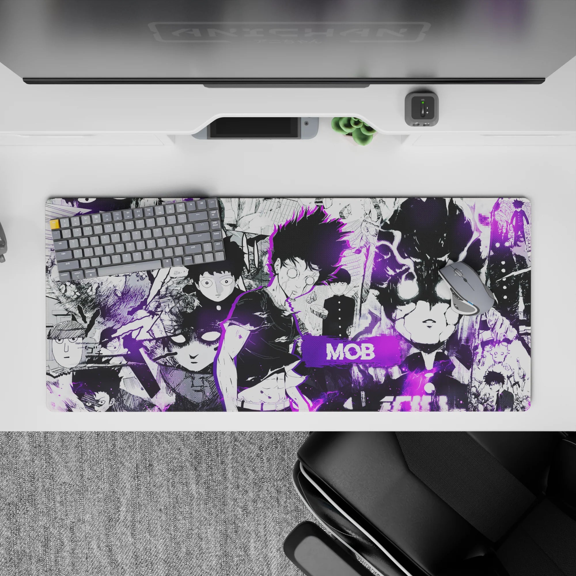 36x16 inches anime desk pad in stark black and white with neon violet glow, moody calming late-night vibe.