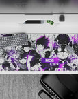 36x16 inches anime desk pad in stark black and white with neon violet glow, moody calming late-night vibe.