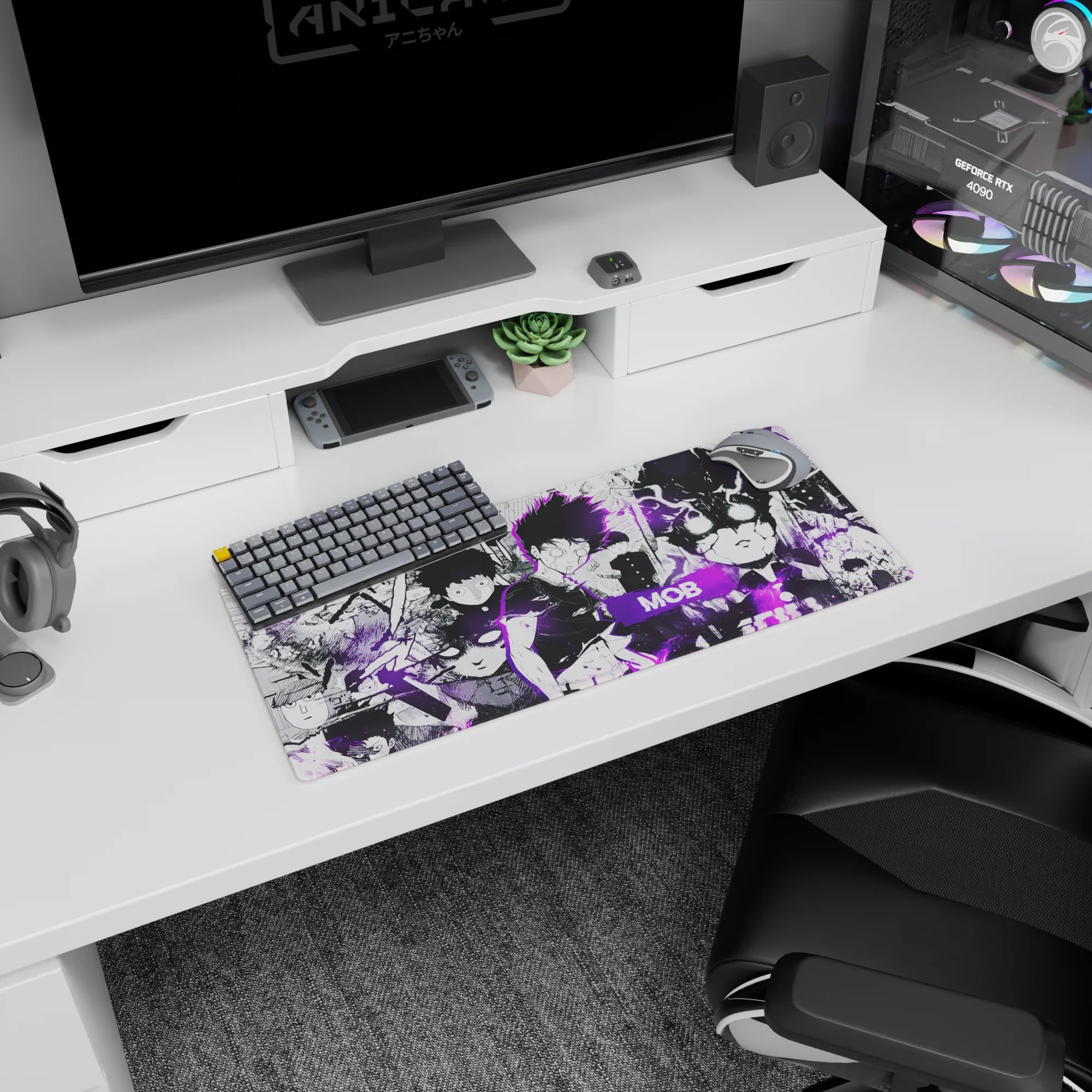 Mob in school uniform on Mob Psycho anime mouse pad 28x12 inches, surrounded by fight frames and aura.