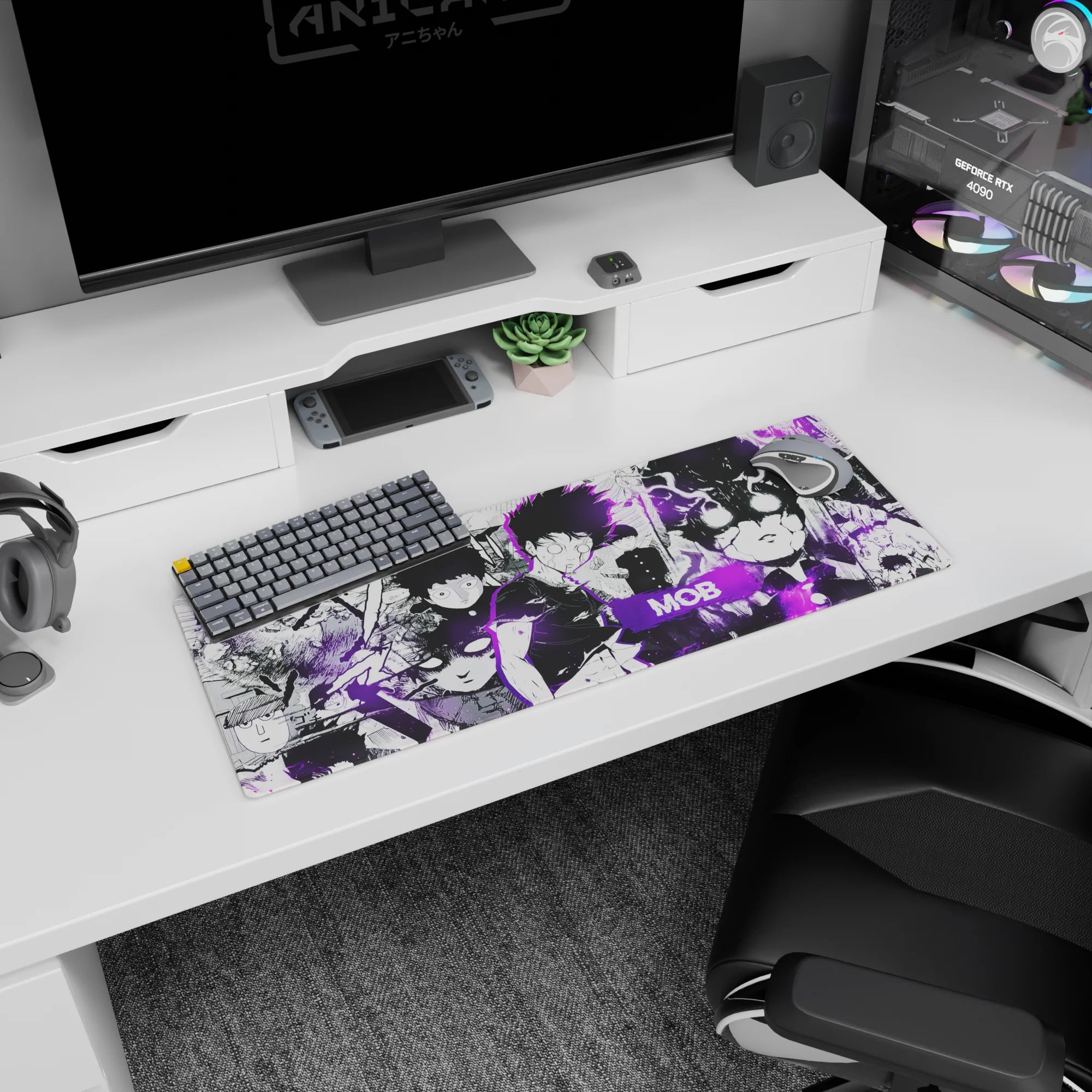 32x12 inches Mob Psycho anime mouse pad featuring Mob in school uniform with sharp purple psychic aura.