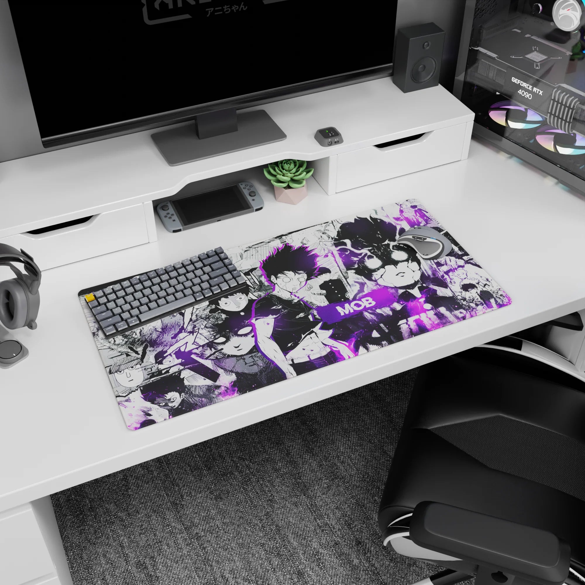 32x16 inches Mob Psycho mouse pad featuring Mob in school uniform with a glowing violet psychic aura.