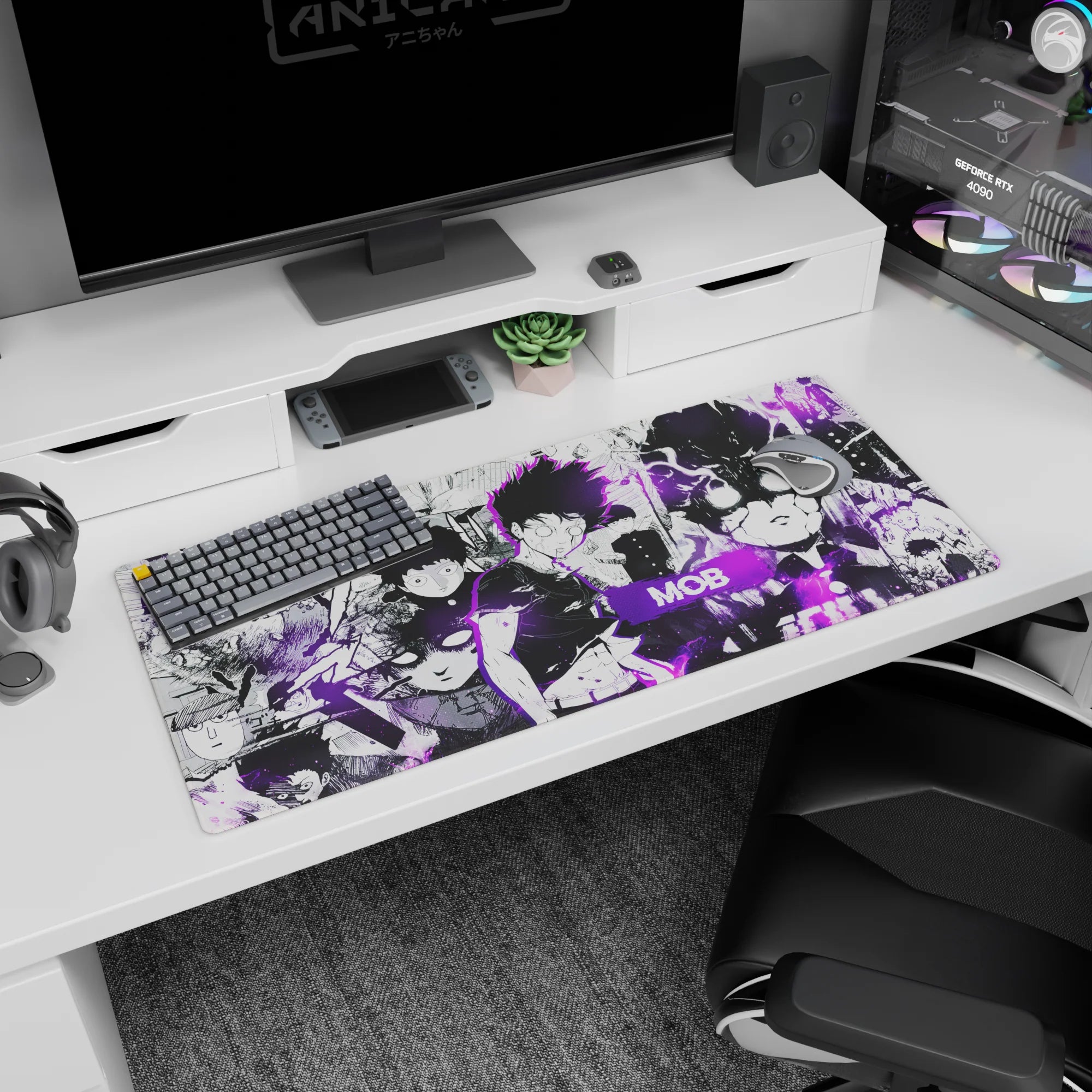 36x16 inches anime desk pad featuring Mob in school uniform, crackling purple psychic aura over ink-splatter art.