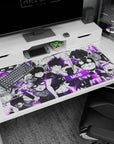 40x20 inches desk pad featuring Mob in school uniform with sharp purple aura across manga fight frames.