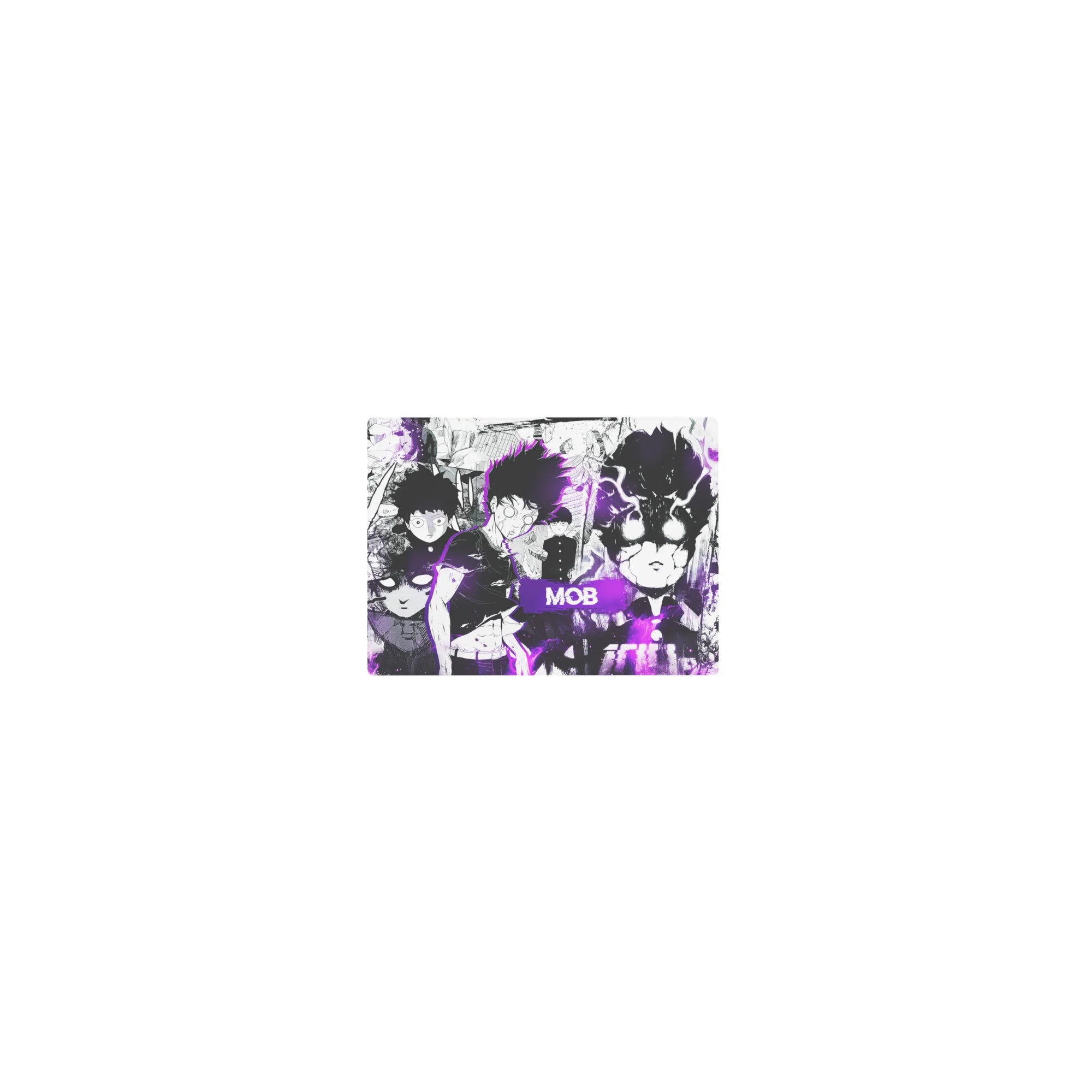 Classic anime mouse pad 14x10 inches with Mob Psycho collage, manga panels, faces, and ink-splatter.