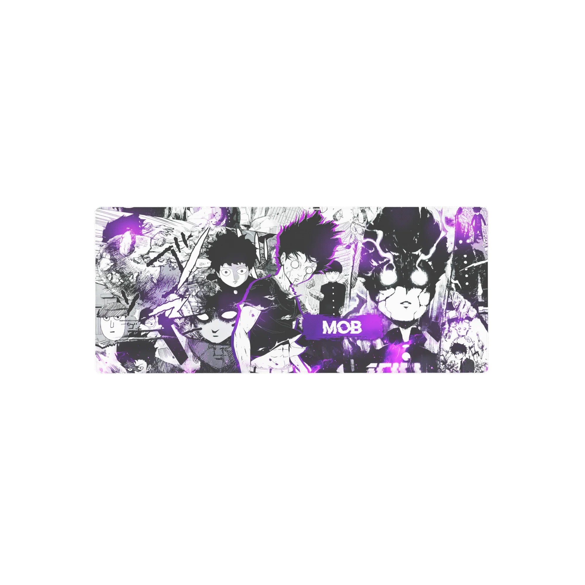 Mob Psycho collage anime mouse pad 28x12 inches with manga panels, faces, and ink-splatter textures.