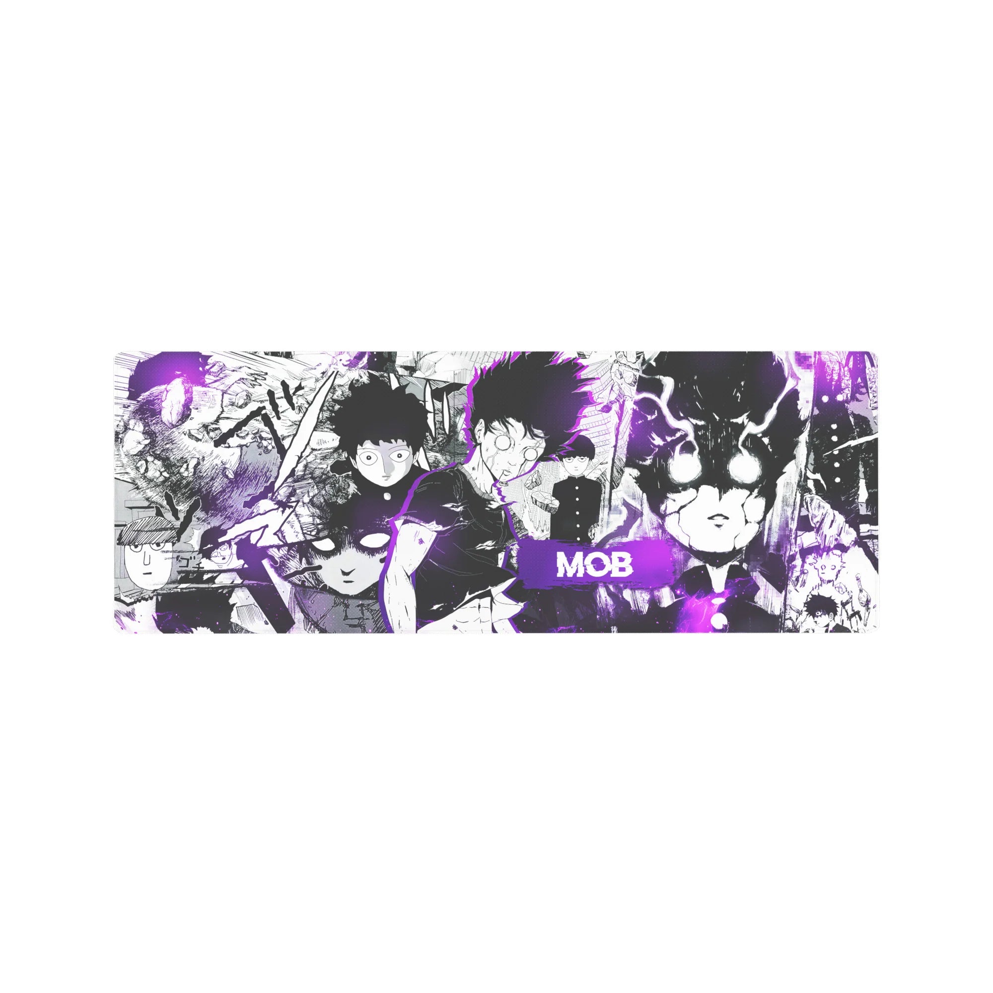 32x12 inches anime mouse pad with Mob Psycho collage, manga panels, faces, fight frames, and ink splatter.