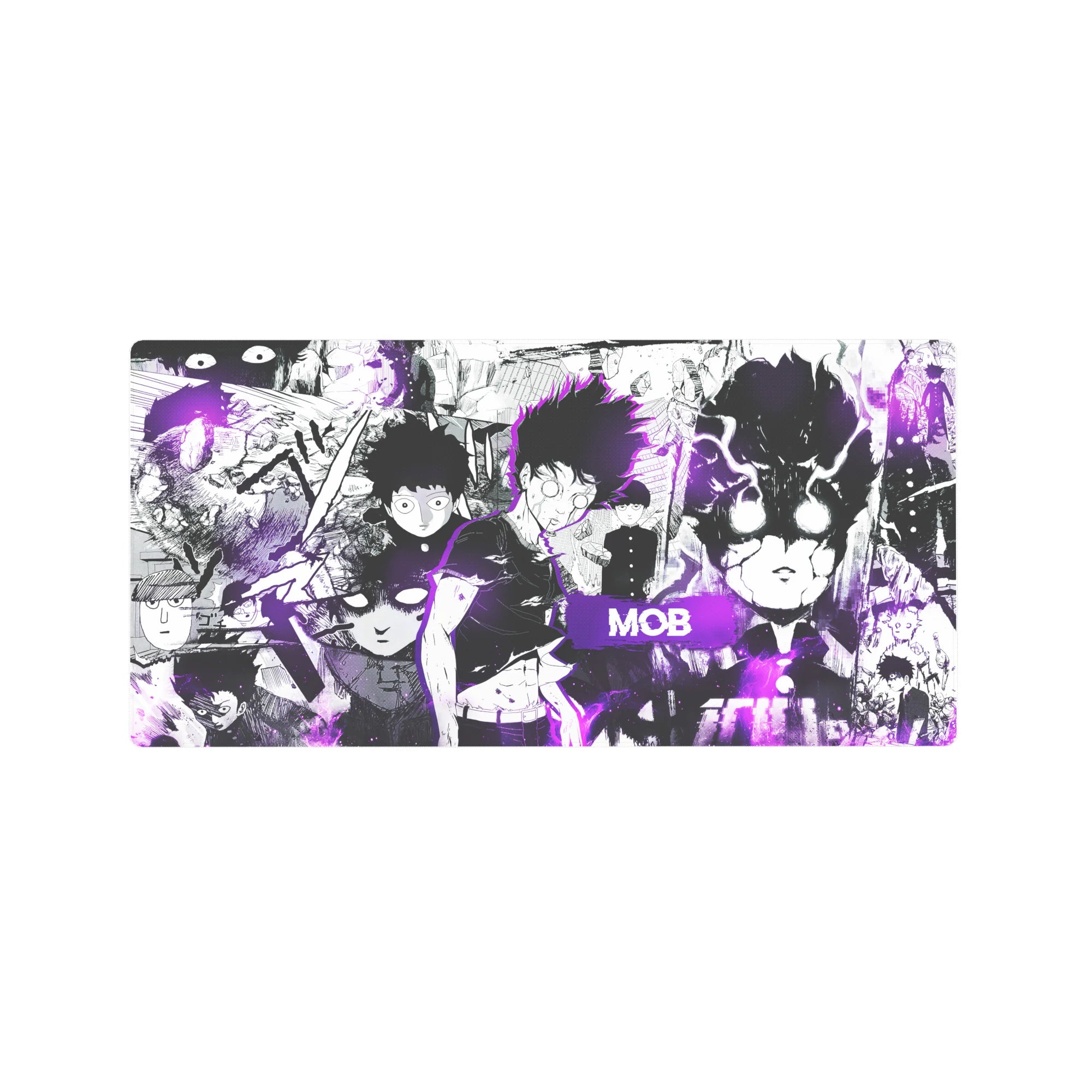 32x16 inches anime mouse pad with Mob Psycho collage, manga panels, faces, fights, and ink-splatter art.