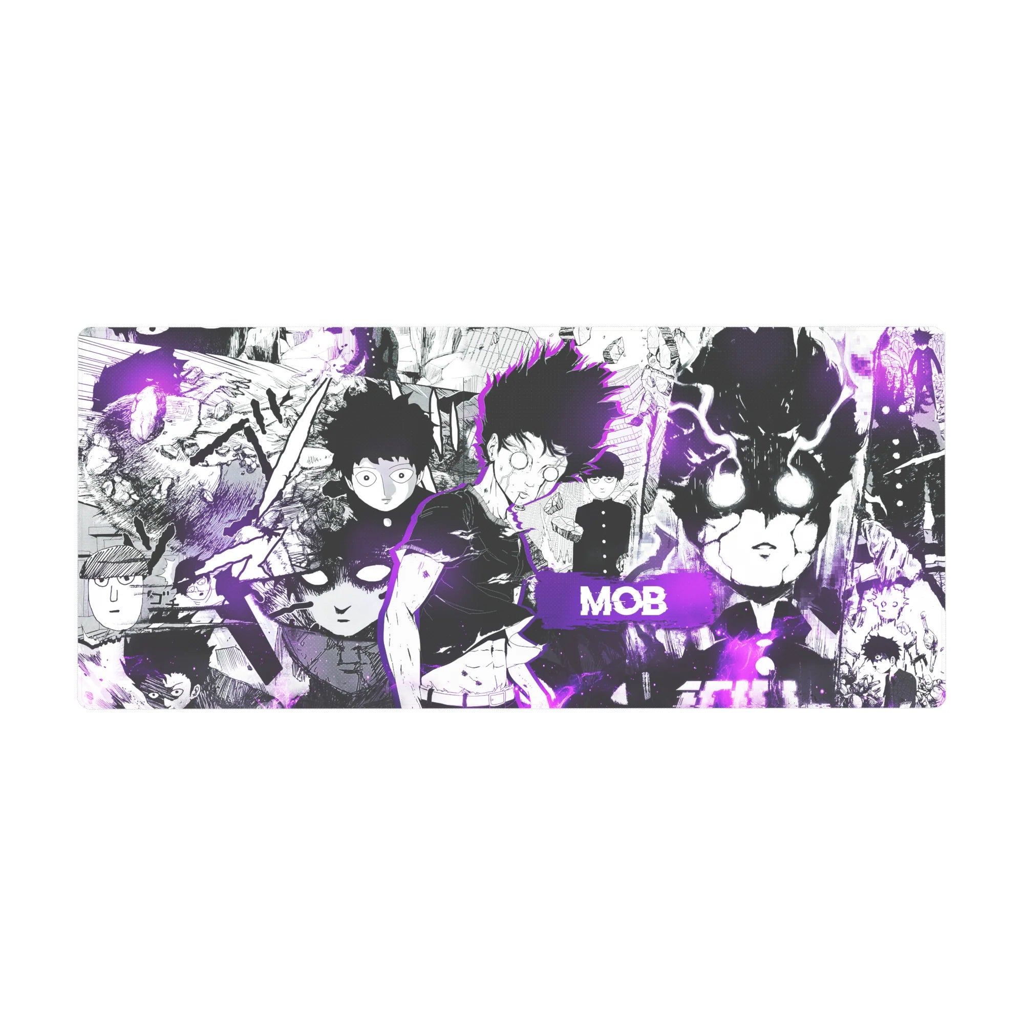 36x16 inches anime desk pad with Mob Psycho manga collage, black-and-white panels and purple aura accents.