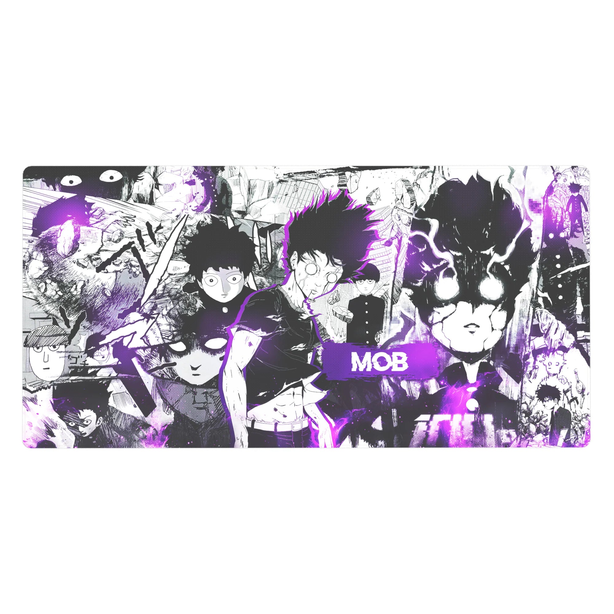 40x20 inches anime desk pad with Mob Psycho collage, black-and-white manga panels and ink-splatter art.