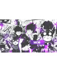 40x20 inches anime desk pad with Mob Psycho collage, black-and-white manga panels and ink-splatter art.