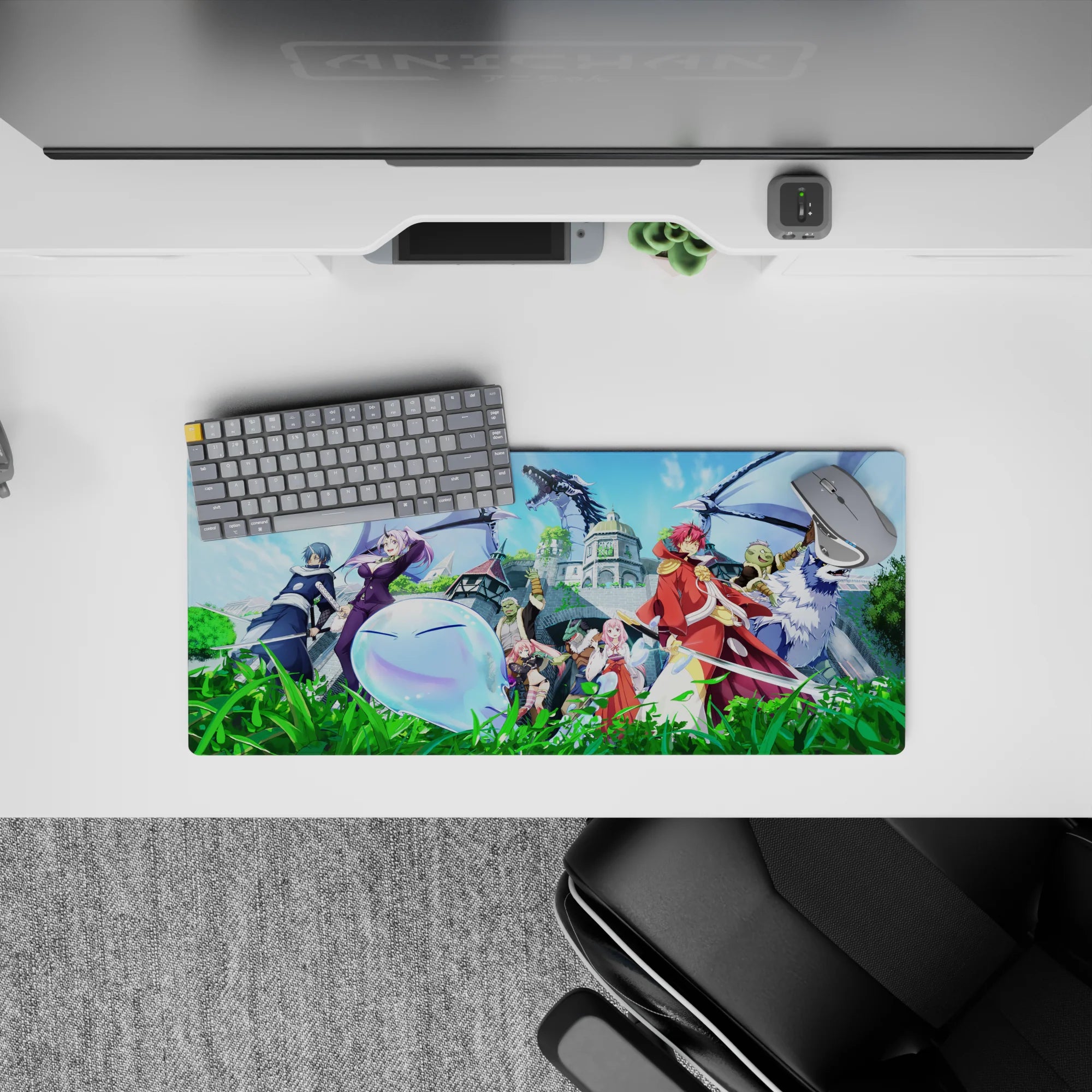 Anime mouse pad 28x12 inches in vivid greens and icy blues, bright sky glow, lively RPG mood.