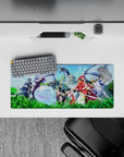 Anime mouse pad 28x12 inches in vivid greens and icy blues, bright sky glow, lively RPG mood.