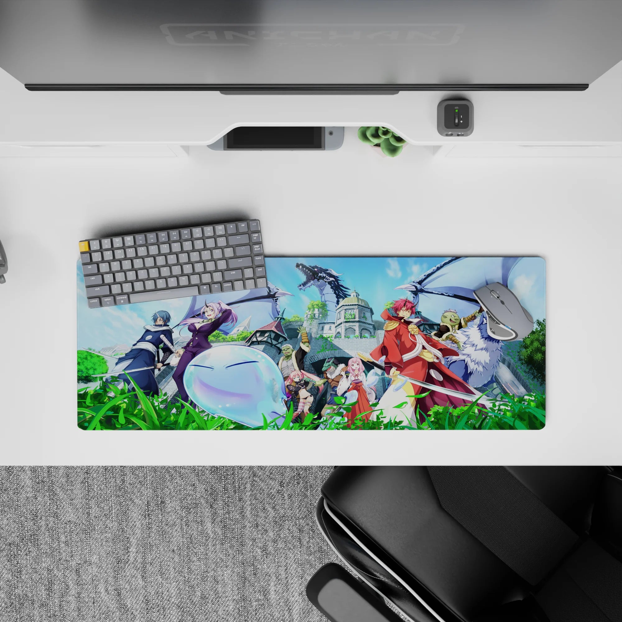 32x12 inches anime mouse pad in vivid greens and icy blues, bright sky glow, crisp heroic fantasy vibe.