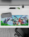 32x12 inches anime mouse pad in vivid greens and icy blues, bright sky glow, crisp heroic fantasy vibe.