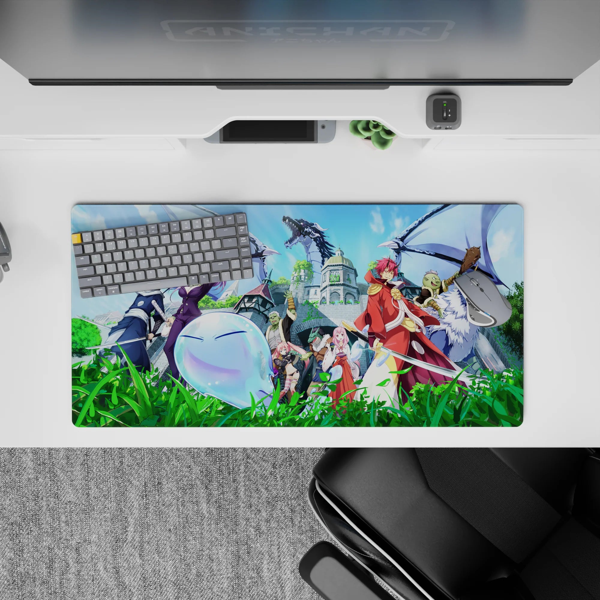 32x16 inches anime mouse pad in vivid greens and icy blues, bright sky, glowing magic, lively mood.