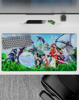 32x16 inches anime mouse pad in vivid greens and icy blues, bright sky, glowing magic, lively mood.