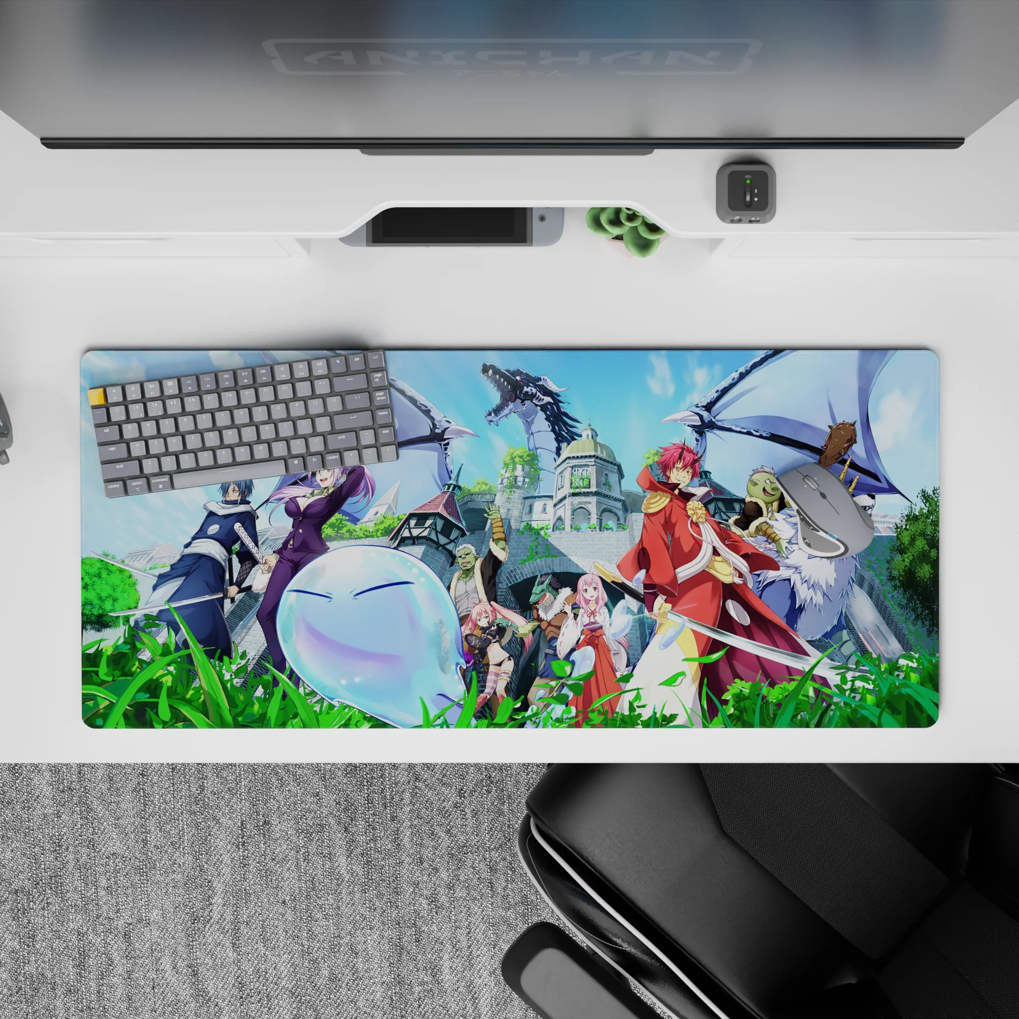 Vibrant green and icy blue anime desk pad 36x16 inches, bright sky glow, lively fantasy vibe.