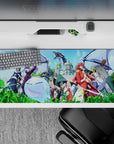 Vibrant green and icy blue anime desk pad 36x16 inches, bright sky glow, lively fantasy vibe.