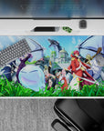 Colorful anime desk pad 40x20 inches in vivid greens and icy blues, bright sky, glowing magic vibe.