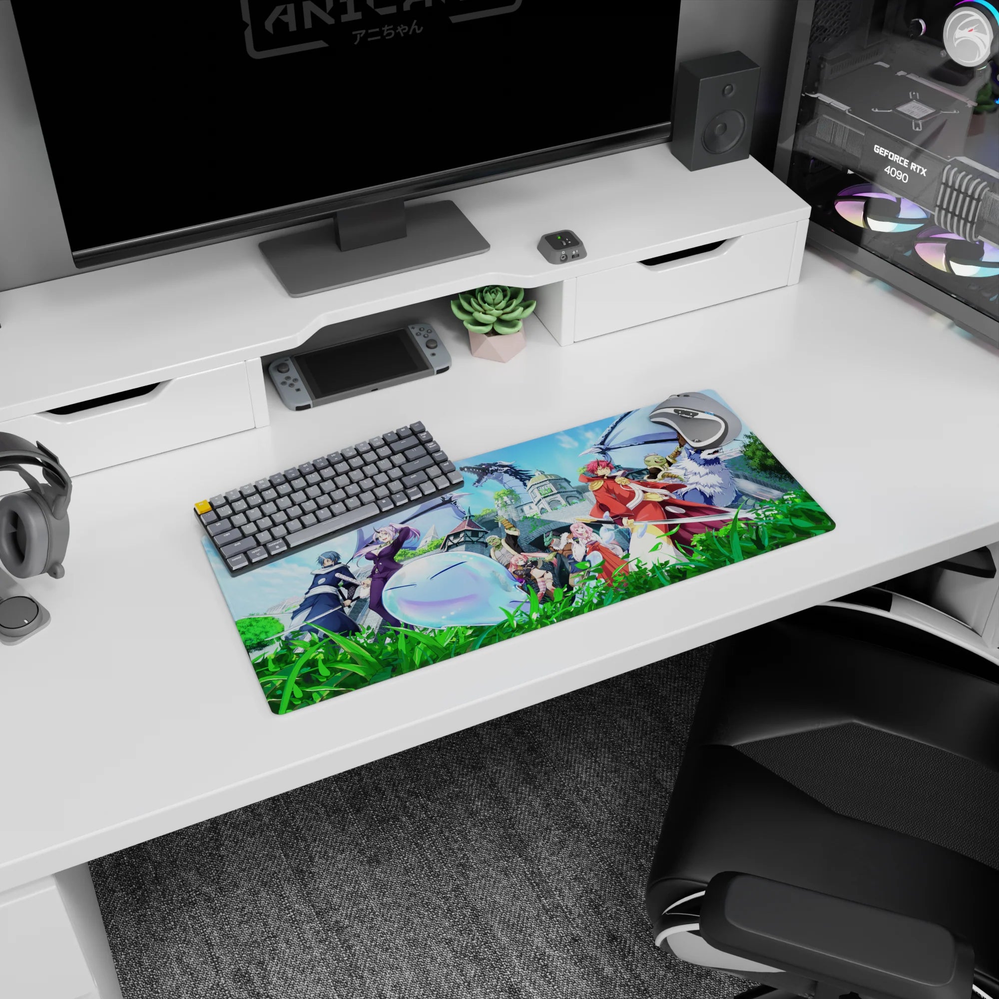 Anime mouse pad 28x12 inches showing red-haired warrior leading, winged blue slime front, magic nearby.
