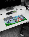 Anime mouse pad 28x12 inches showing red-haired warrior leading, winged blue slime front, magic nearby.