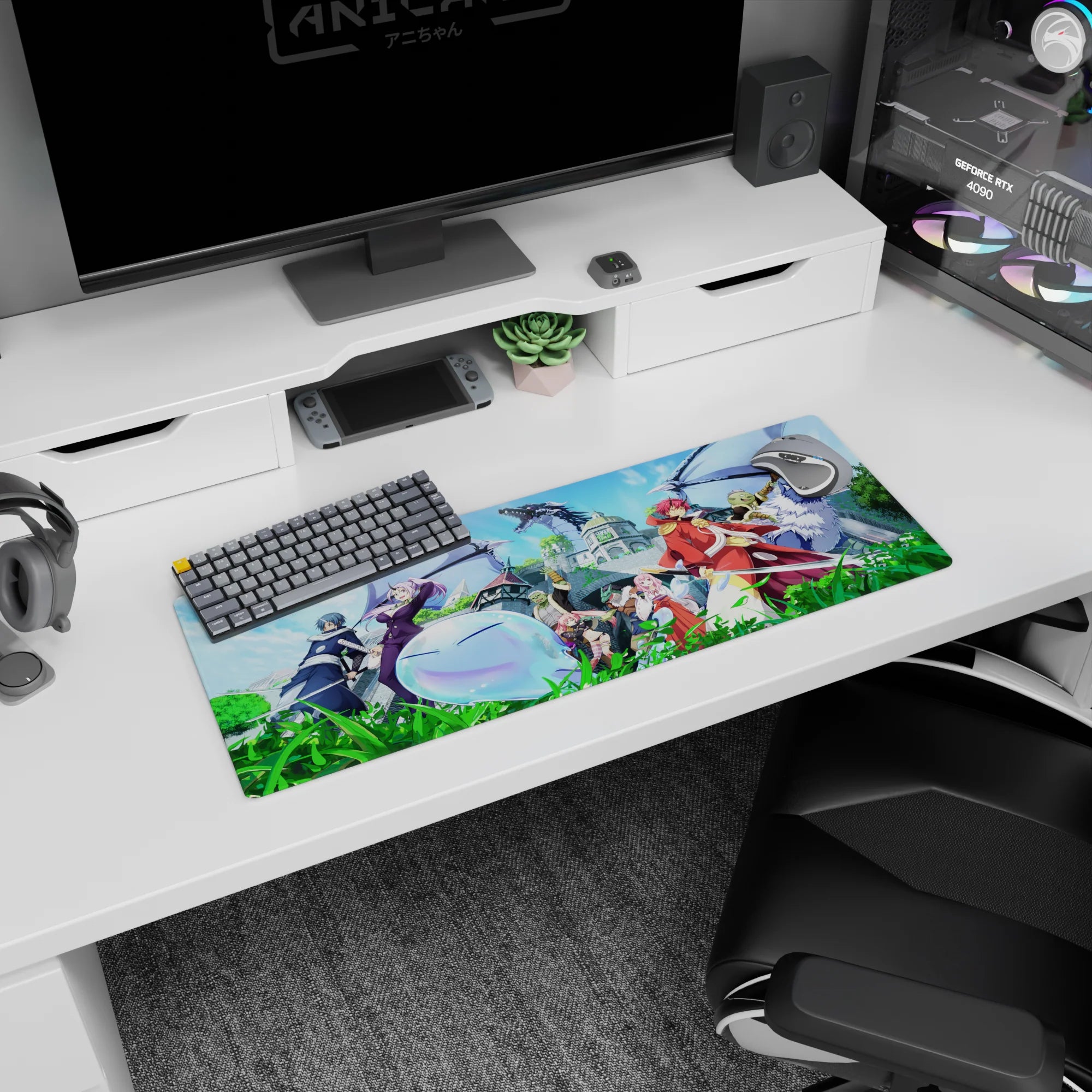 32x12 inches anime mouse pad featuring red-haired warrior leading beside a smiling winged blue slime.
